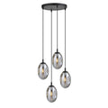 Zwarte hanglamp met vier ovale grafietkleurige glazen kappen aan een ronde canopy