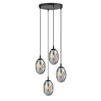 Zwarte hanglamp met vier ovale grafietkleurige glazen kappen aan een ronde canopy
