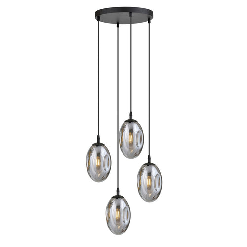 Zwarte hanglamp met vier ovale grafietkleurige glazen kappen aan een ronde canopy