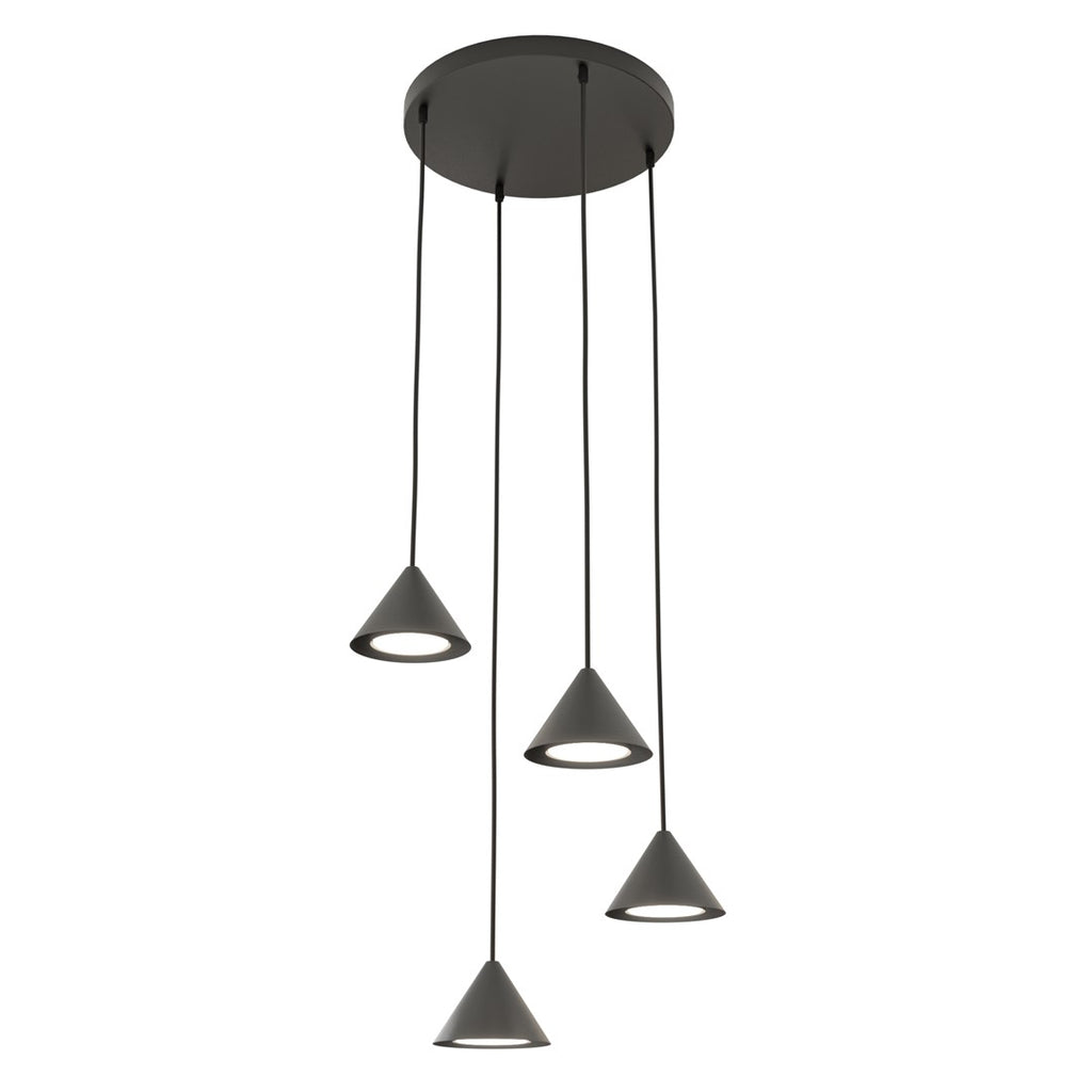 Zwarte hanglamp met ronde plafondplaat en vier kegelvormige kappen op verschillende hoogtes