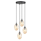 Zwarte hanglamp met vier ovale amberkleurige glazen kappen op verschillende hoogtes onder een ronde plafondplaat