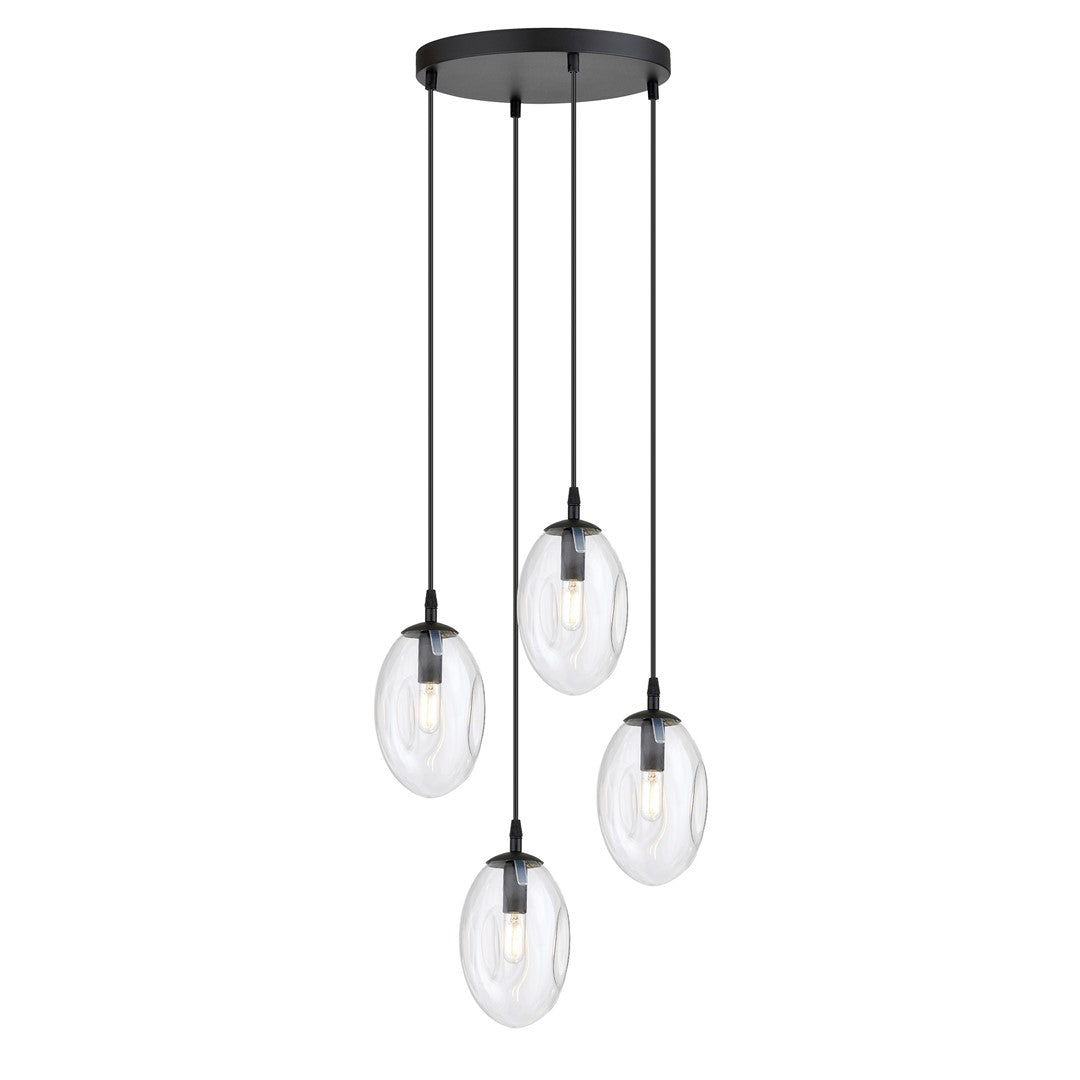 Zwarte hanglamp met vier transparante glazen kappen aan snoeren onder een ronde plafondplaat