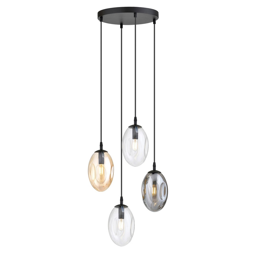 Zwarte hanglamp met vier ovale glazen kappen in amber, transparant en grafiet aan een ronde canopy
