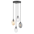 Zwarte hanglamp met vier ovale glazen kappen in amber, transparant en grafiet aan een ronde canopy