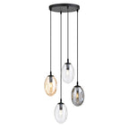 Zwarte hanglamp met vier ovale glazen kappen in amber, transparant en grafiet aan een ronde canopy