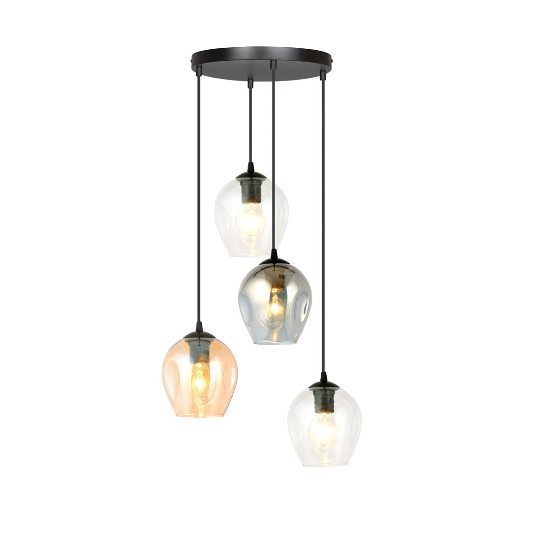 Zwarte hanglamp met vier glazen kappen in transparant, grafiet en amber aan een ronde plafondplaat