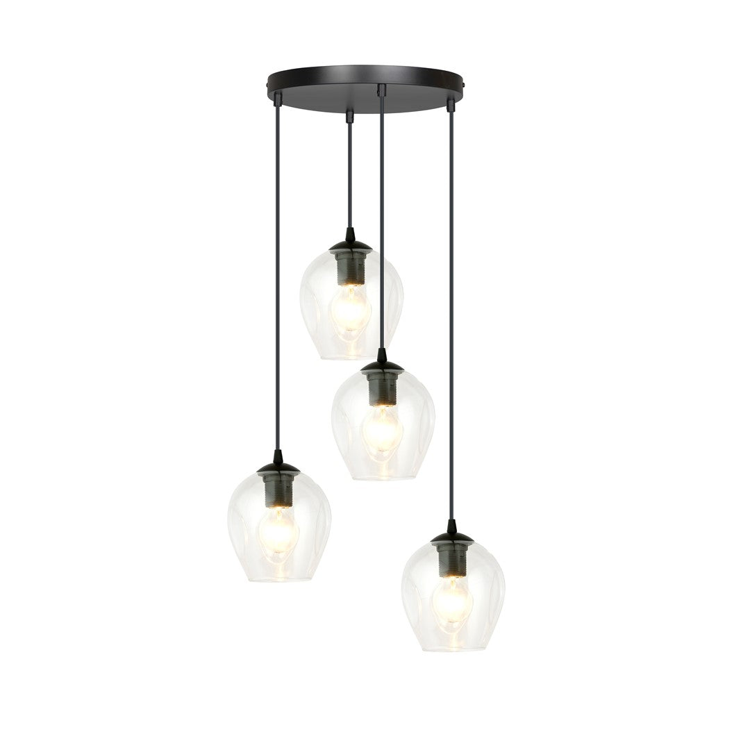 Zwarte hanglamp met vier transparante glazen kappen aan een ronde plafondplaat, op verschillende hoogtes