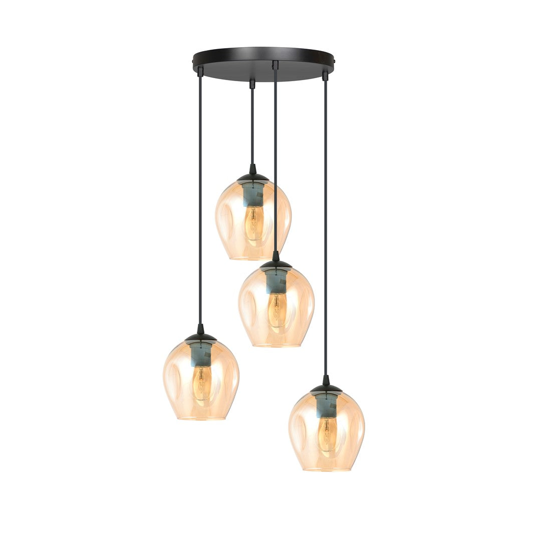 Hanglamp 4 lichtpunten gepoedercoat staal en glas Istar amberkleurig, zwart – 40 x 100 cm, E27