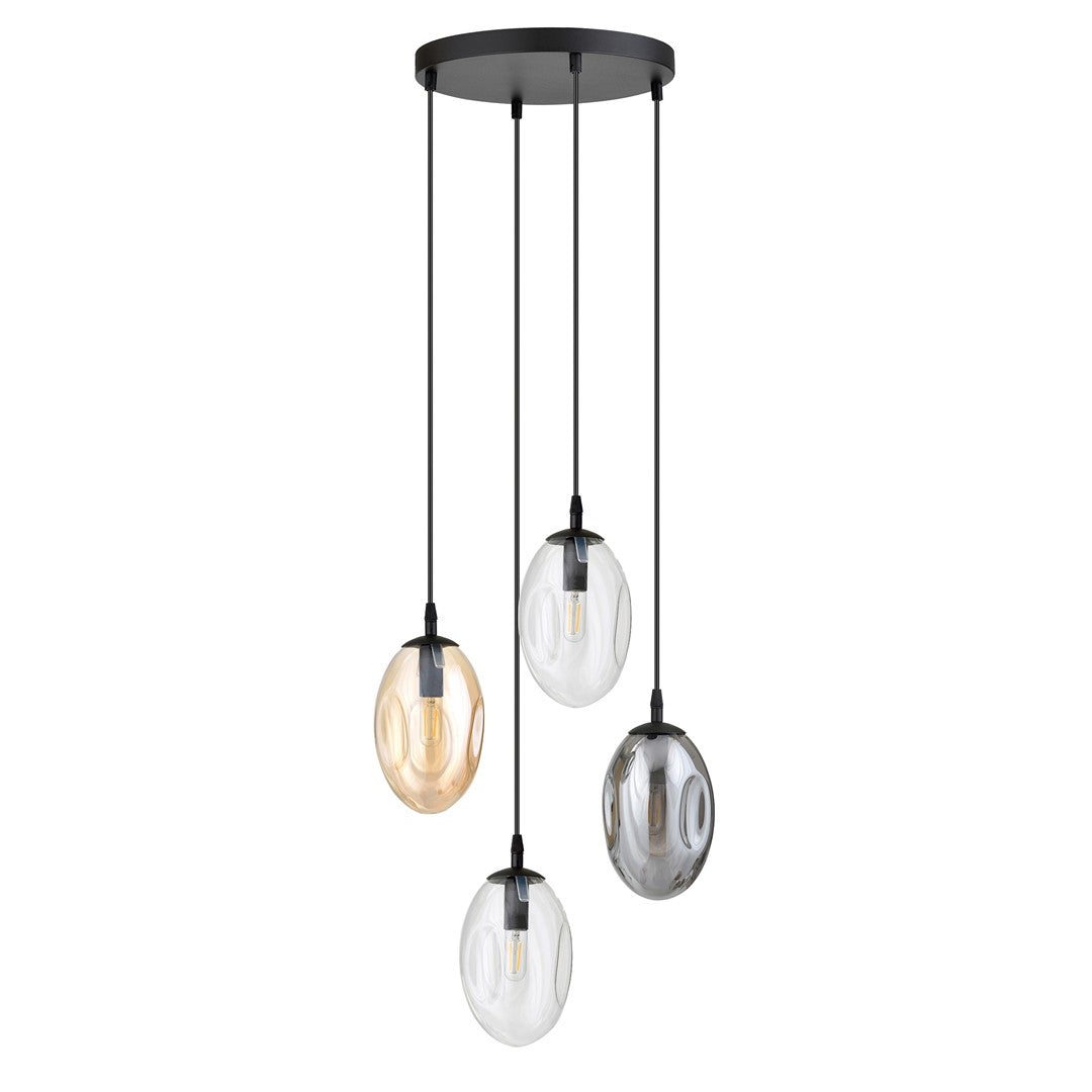 Hanglamp 4-lichts gepoedercoat staal en glas zwart, Astral, kappen grafiet, transparant en amber, E14