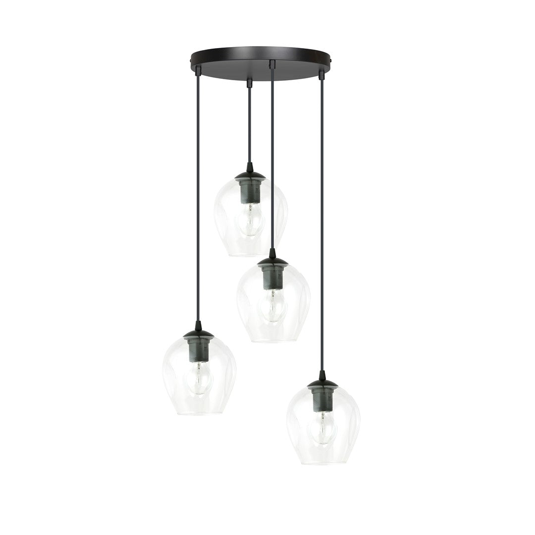 Hanglamp 4 lichts gepoedercoat staal en glas, modern Istar, zwart met transparante kappen, Ø 30 cm plafondplaat