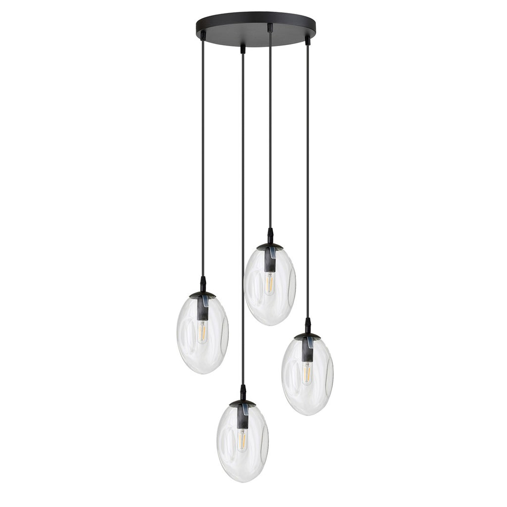 Hanglamp 4 lichts gepoedercoat staal en glas, Astral modern zwart met transparante kappen, verstelbaar, eetkamer en woonkamer
