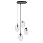 Hanglamp 4 lichts gepoedercoat staal en glas, Astral modern zwart met transparante kappen, verstelbaar, eetkamer en woonkamer