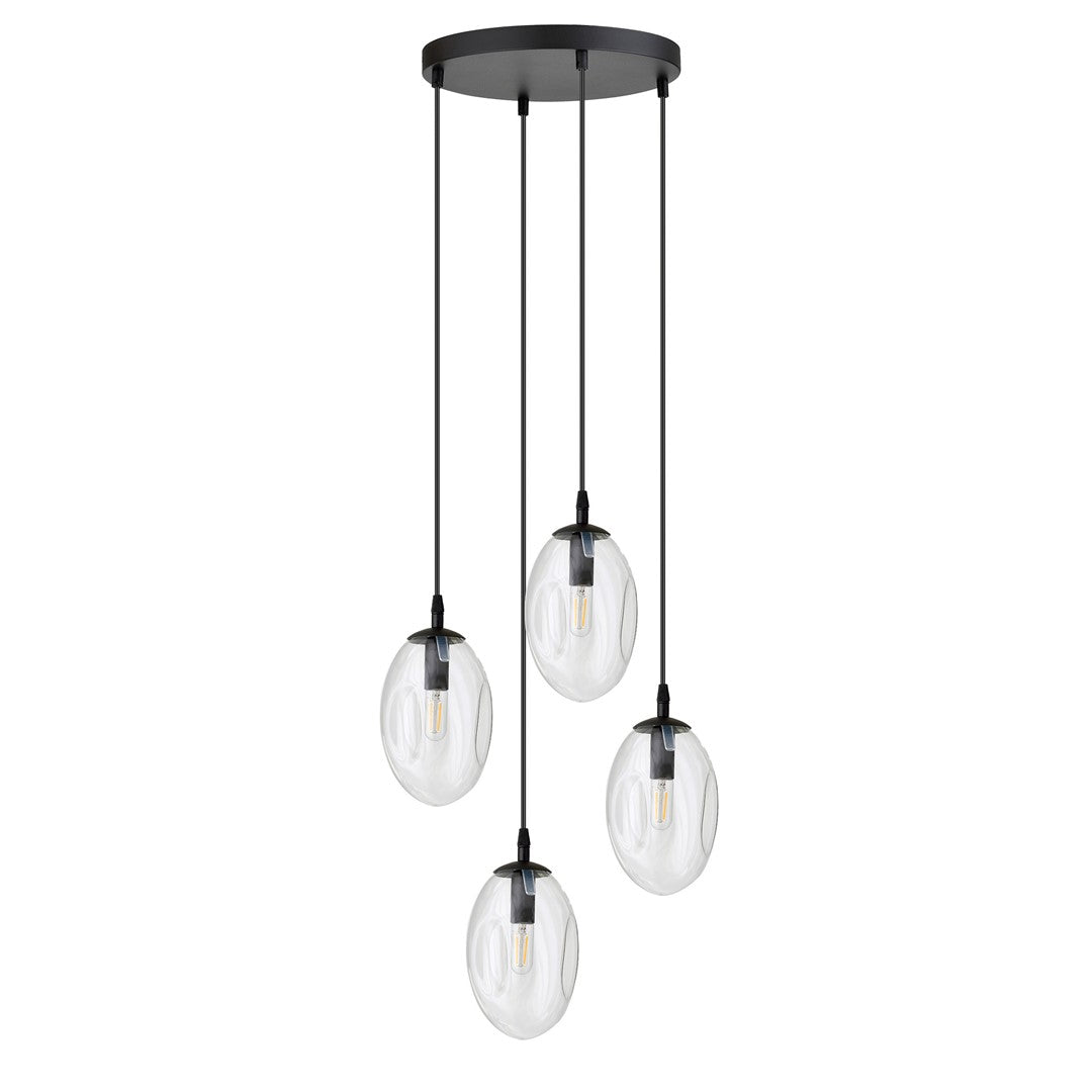 Hanglamp 4 lichts gepoedercoat staal en glas, Astral modern zwart met transparante kappen, verstelbaar, eetkamer en woonkamer
