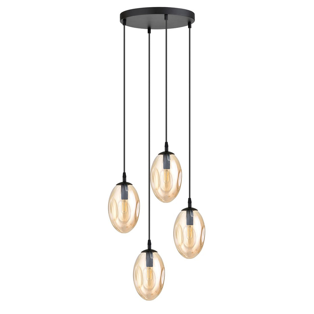 Hanglamp 4-lichts gepoedercoat staal en glas, modern, Astral, zwart met amberkleurig glas, Ø 30 cm