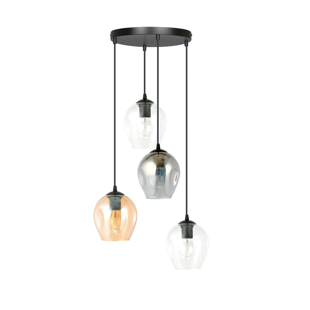 Hanglamp 4 lichts glas gepoedercoat staal modern, zwart met transparant, grafiet en amber kappen – Istar