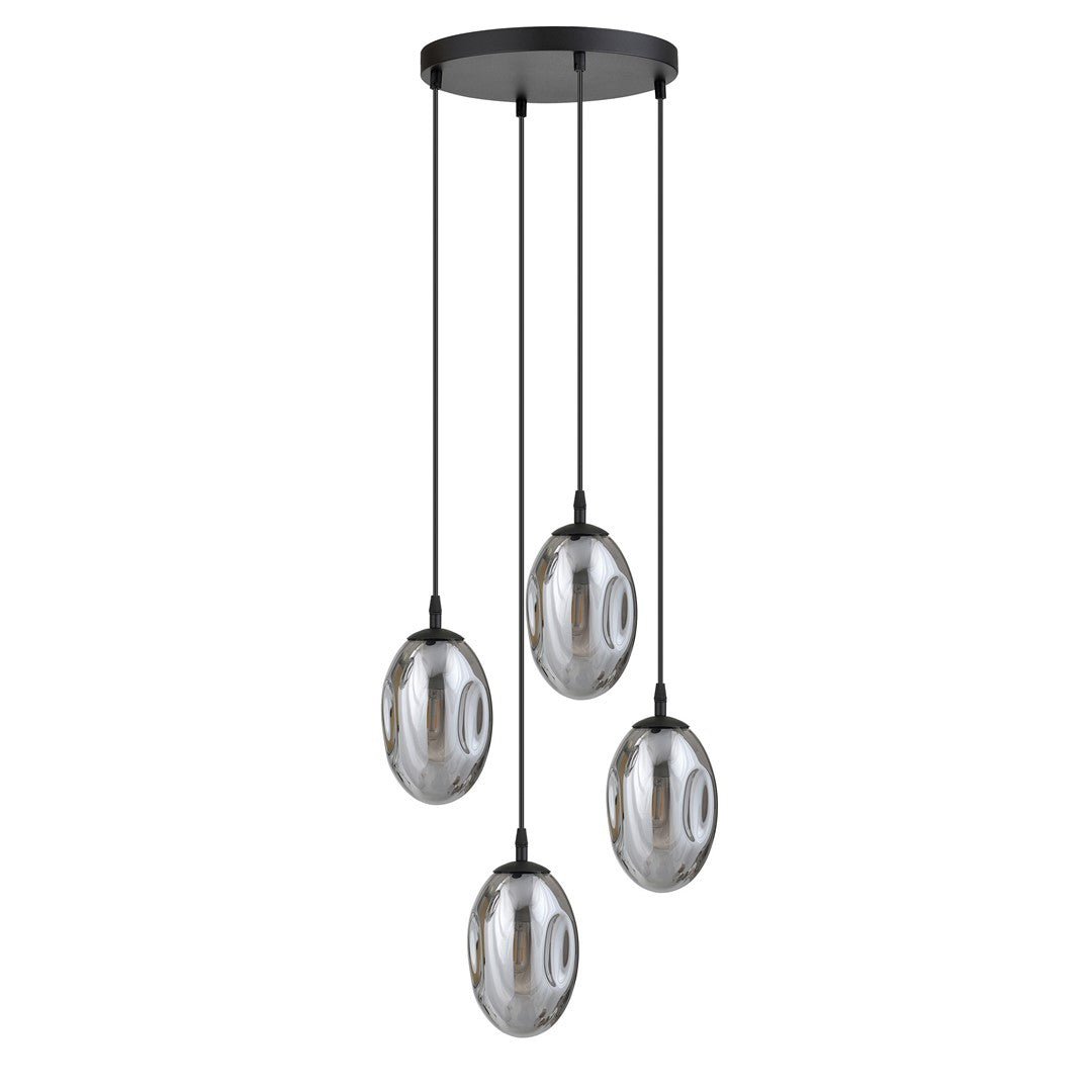 Hanglamp 4 lichts gepoedercoat staal en glas, modern, Astral, zwart met grafiet glas, E14, rond canopy 30 cm