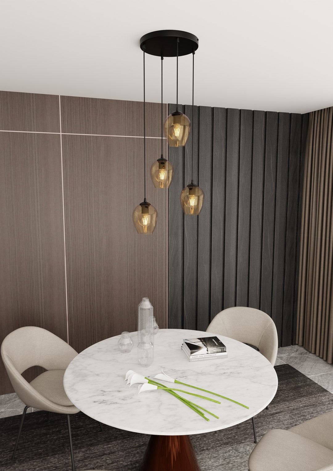 Hanglamp 4 lichtpunten gepoedercoat staal en glas Istar amberkleurig, zwart – 40 x 100 cm, E27