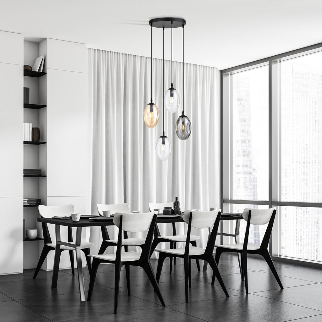 Hanglamp 4-lichts gepoedercoat staal en glas zwart, Astral, kappen grafiet, transparant en amber, E14