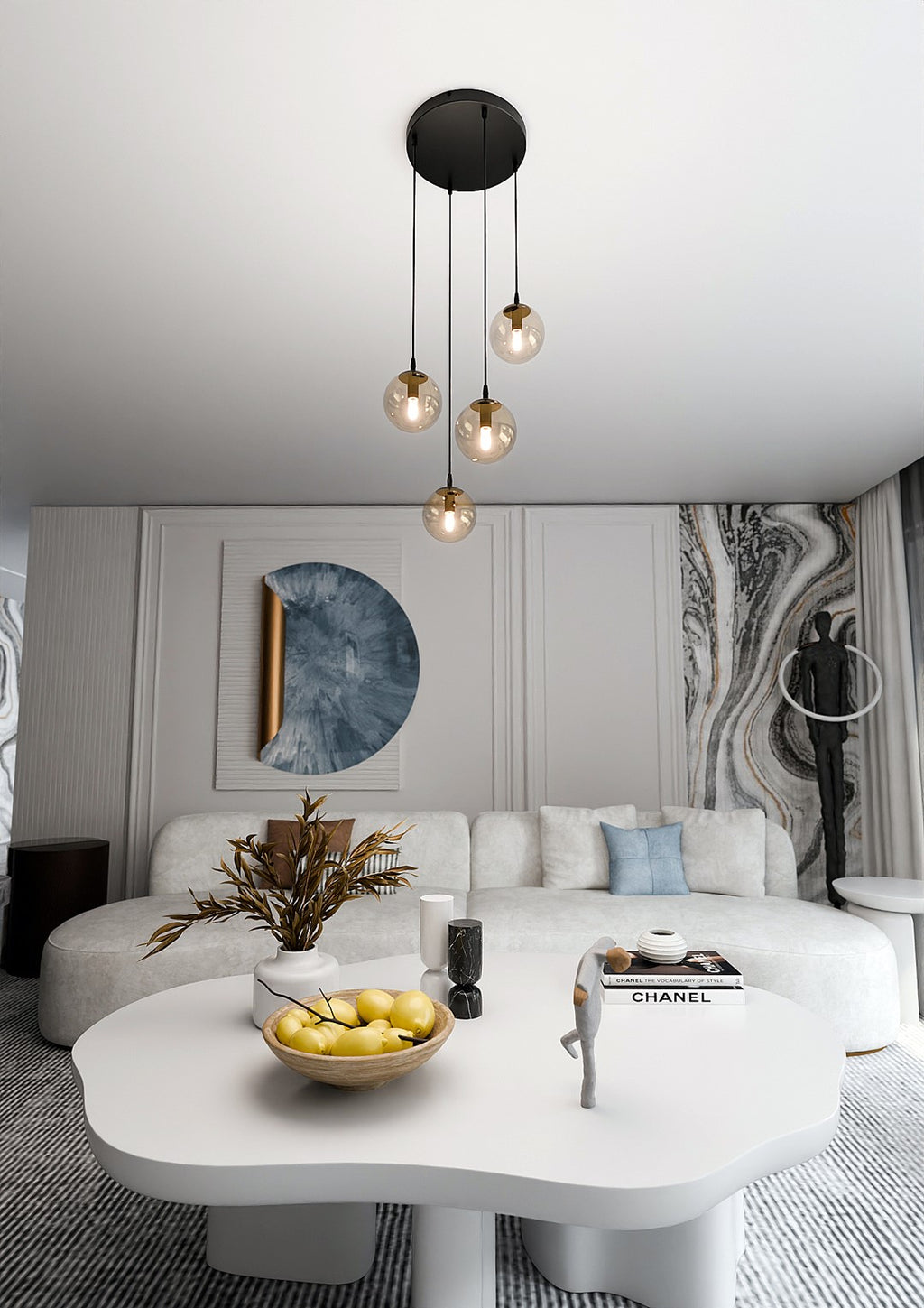 Hanglamp gepoedercoat staal en glas Cosmo, zwart met amberkleurige glazen kappen, 4 lichtpunten, Ø 14 cm kappen