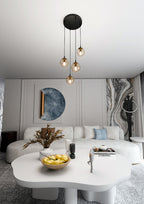 Hanglamp gepoedercoat staal en glas Cosmo, zwart met amberkleurige glazen kappen, 4 lichtpunten, Ø 14 cm kappen