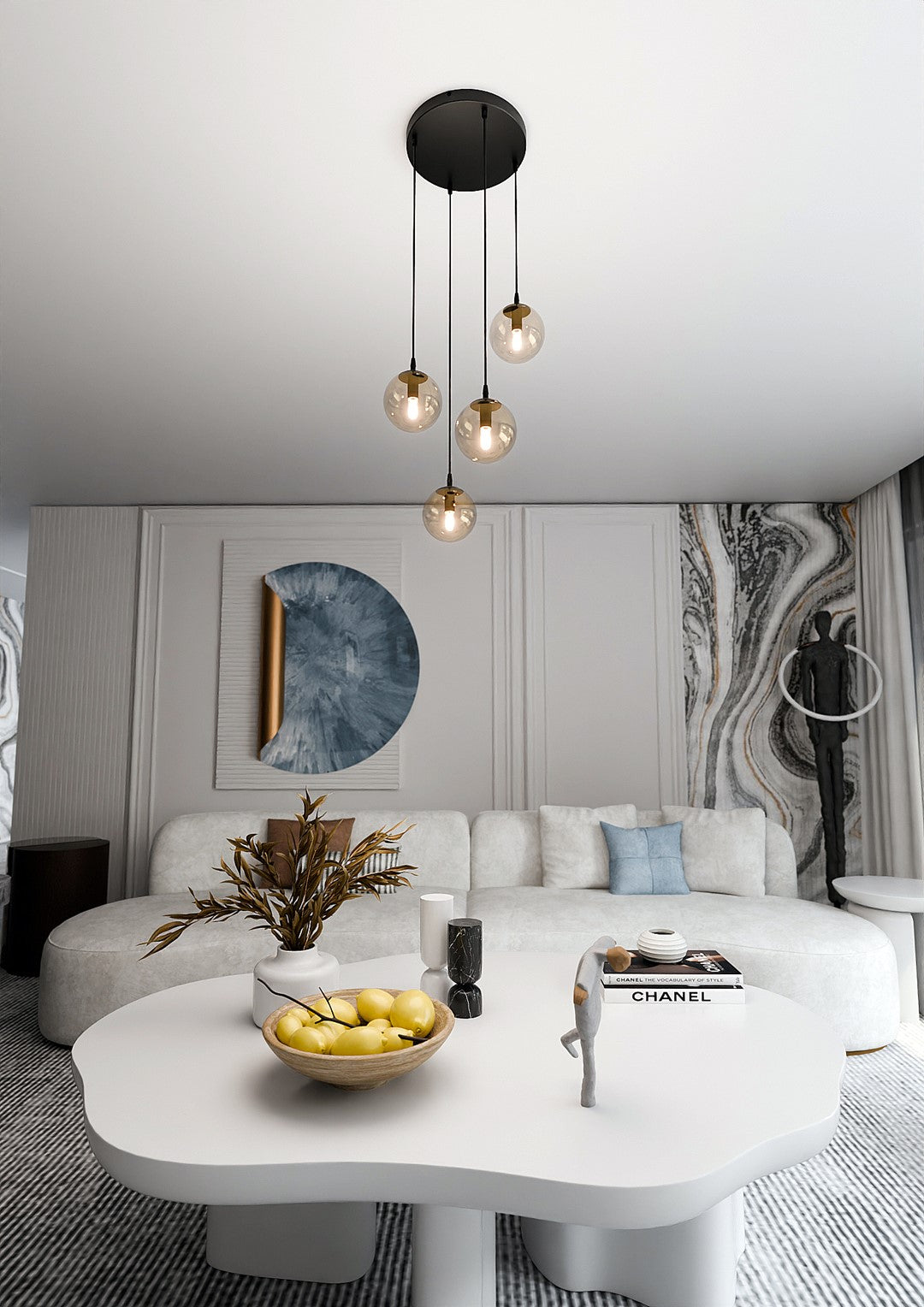 Hanglamp gepoedercoat staal en glas Cosmo, zwart met amberkleurige glazen kappen, 4 lichtpunten, Ø 14 cm kappen