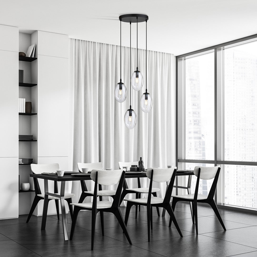 Hanglamp 4 lichts gepoedercoat staal en glas, Astral modern zwart met transparante kappen, verstelbaar, eetkamer en woonkamer