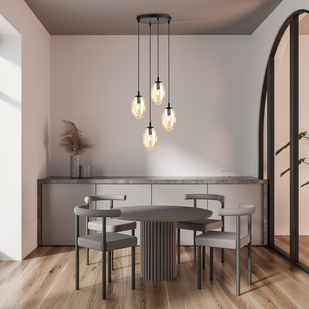 Hanglamp 4-lichts gepoedercoat staal en glas, modern, Astral, zwart met amberkleurig glas, Ø 30 cm