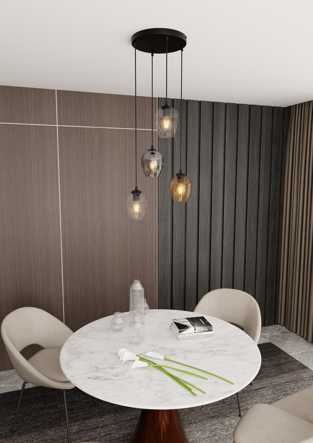 Hanglamp 4 lichts glas gepoedercoat staal modern, zwart met transparant, grafiet en amber kappen – Istar