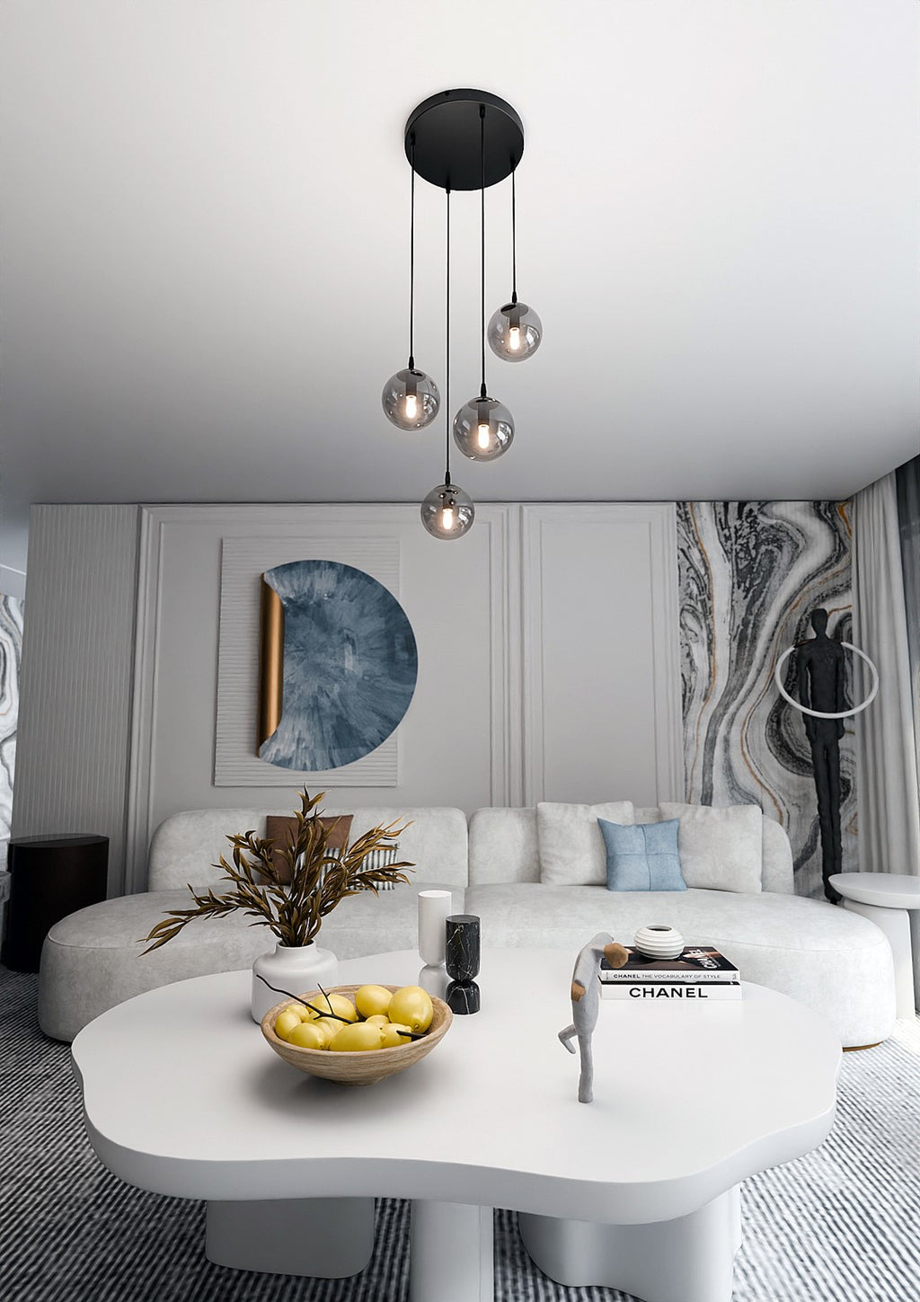 Hanglamp 4 lichts gepoedercoat staal en glas, Cosmo modern, zwart met grafiet glazen kappen Ø 14 cm, woonkamer en eetkamer