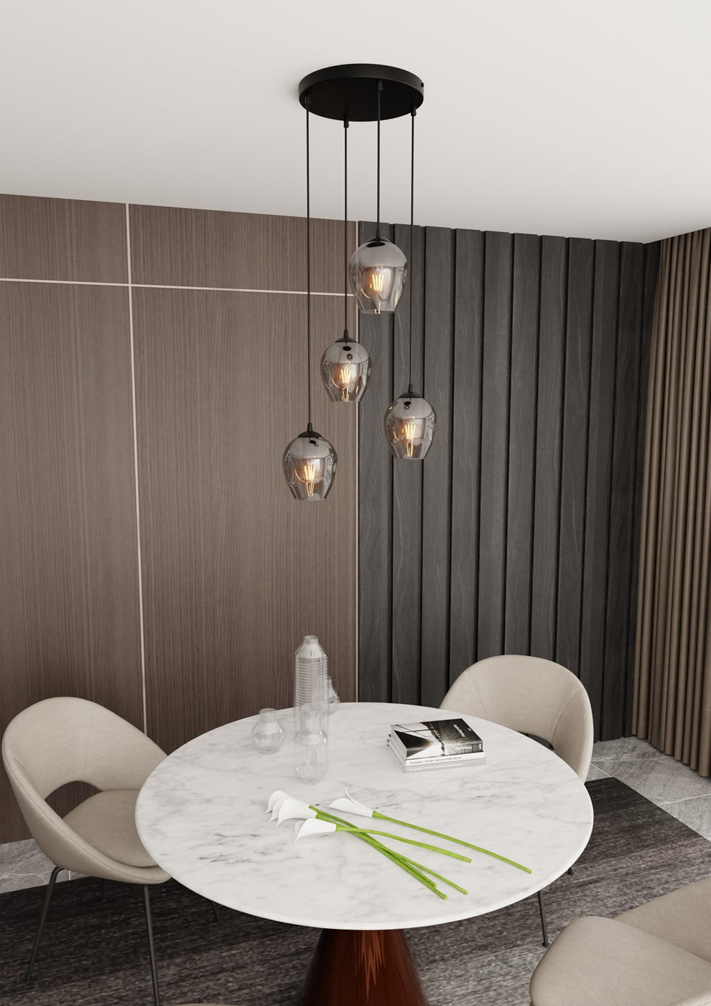 Hanglamp gepoedercoat staal en glas Istar, grafiet en zwart, 4 lichts, 40 x 100 cm, E27