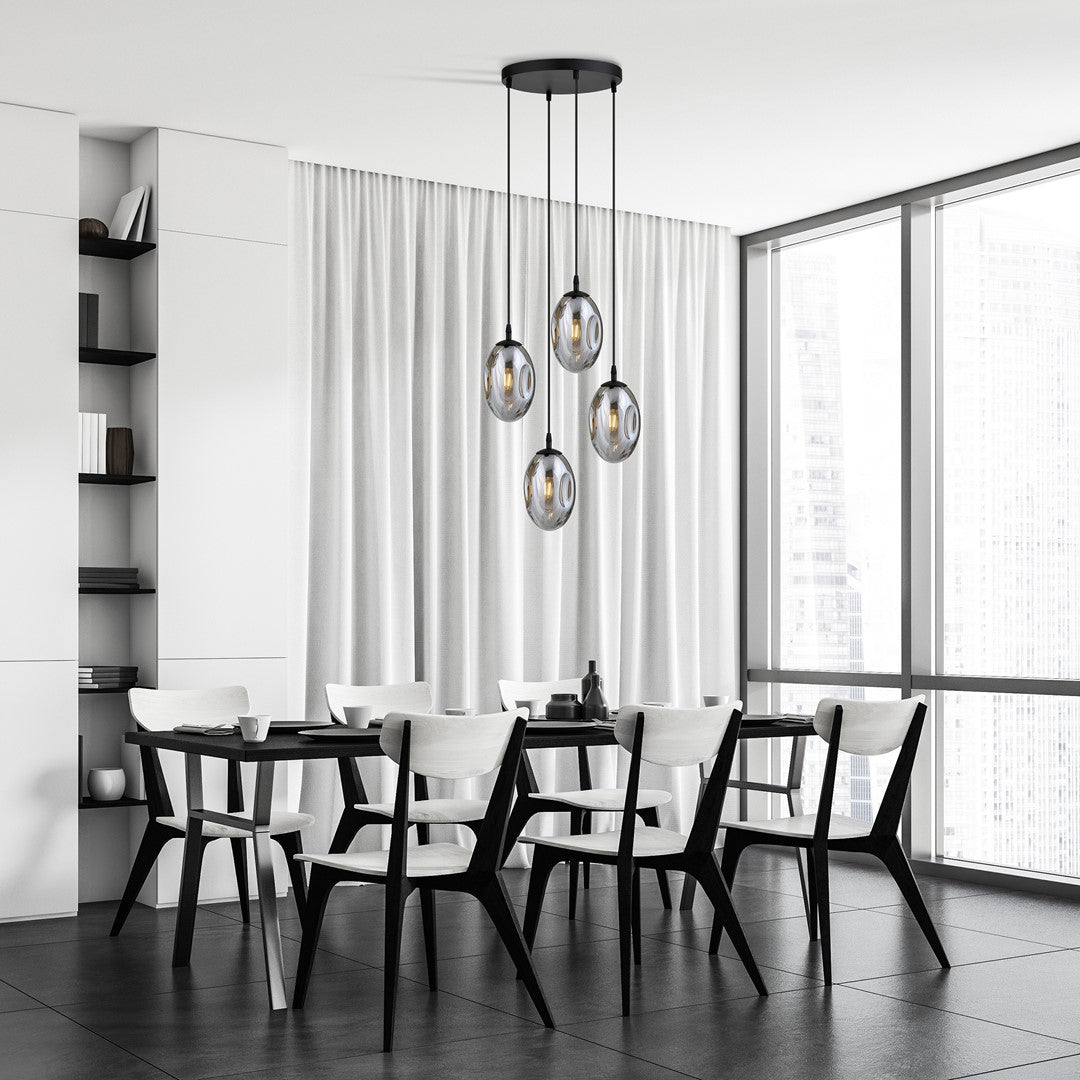 Hanglamp 4 lichts gepoedercoat staal en glas, modern, Astral, zwart met grafiet glas, E14, rond canopy 30 cm