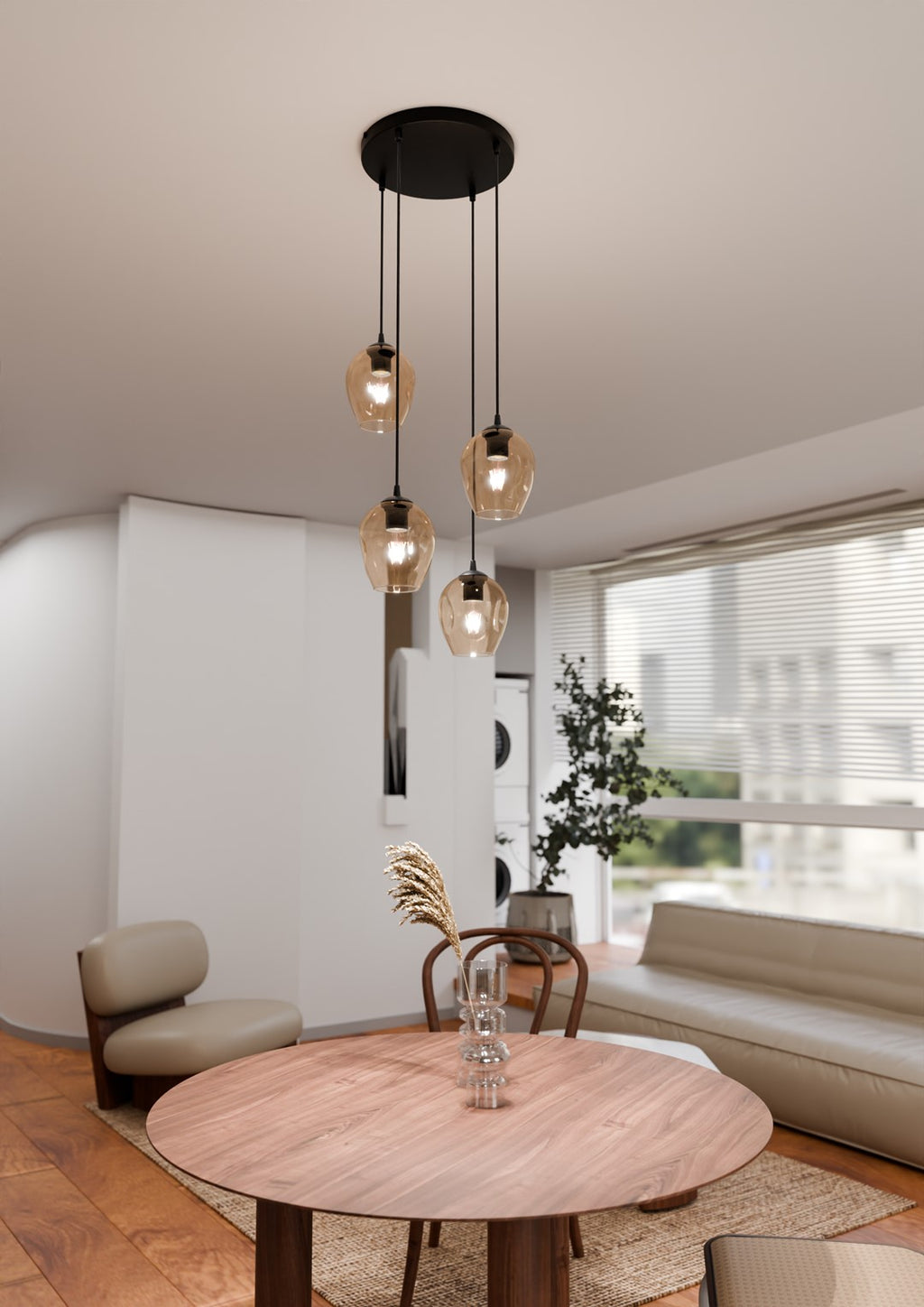 Hanglamp 4 lichtpunten gepoedercoat staal en glas Istar amberkleurig, zwart – 40 x 100 cm, E27