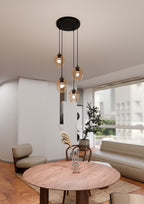 Hanglamp 4 lichtpunten gepoedercoat staal en glas Istar amberkleurig, zwart – 40 x 100 cm, E27