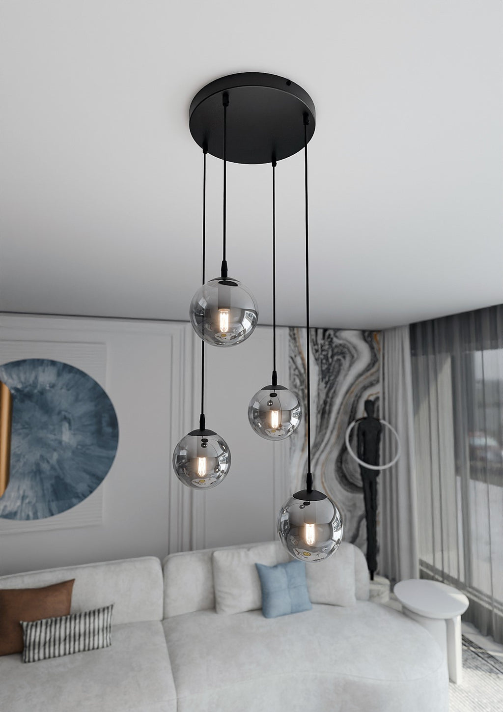 Hanglamp 4 lichts gepoedercoat staal en glas, Cosmo modern, zwart met grafiet glazen kappen Ø 14 cm, woonkamer en eetkamer