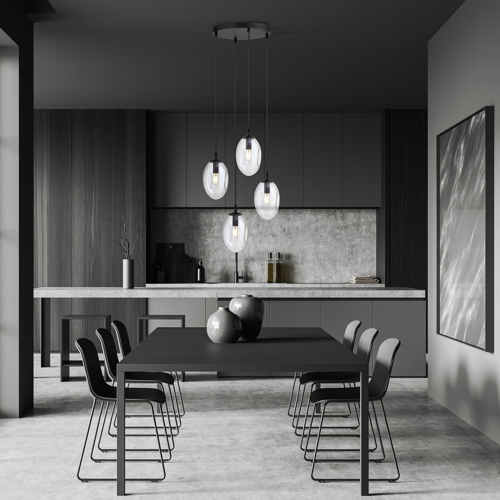 Hanglamp 4 lichts gepoedercoat staal en glas, Astral modern zwart met transparante kappen, verstelbaar, eetkamer en woonkamer