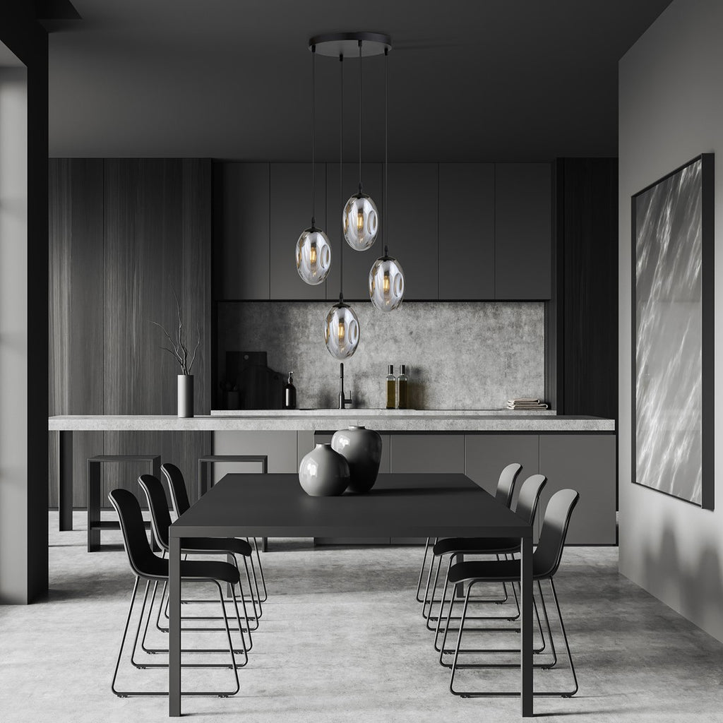 Hanglamp 4 lichts gepoedercoat staal en glas, modern, Astral, zwart met grafiet glas, E14, rond canopy 30 cm