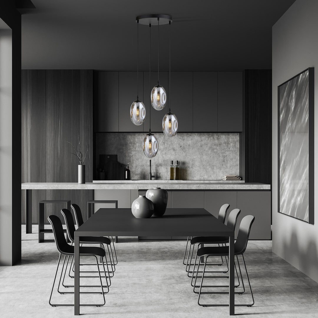 Hanglamp 4 lichts gepoedercoat staal en glas, modern, Astral, zwart met grafiet glas, E14, rond canopy 30 cm