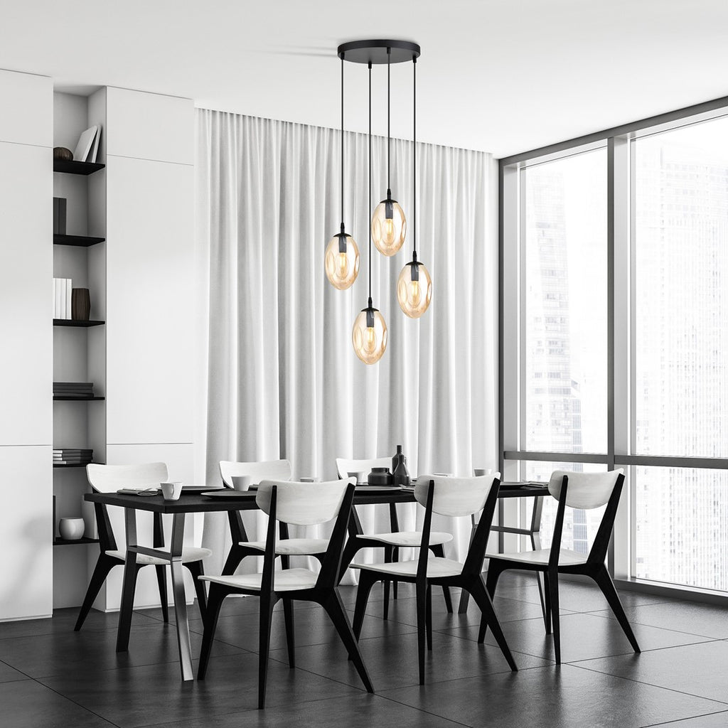 Hanglamp 4-lichts gepoedercoat staal en glas, modern, Astral, zwart met amberkleurig glas, Ø 30 cm