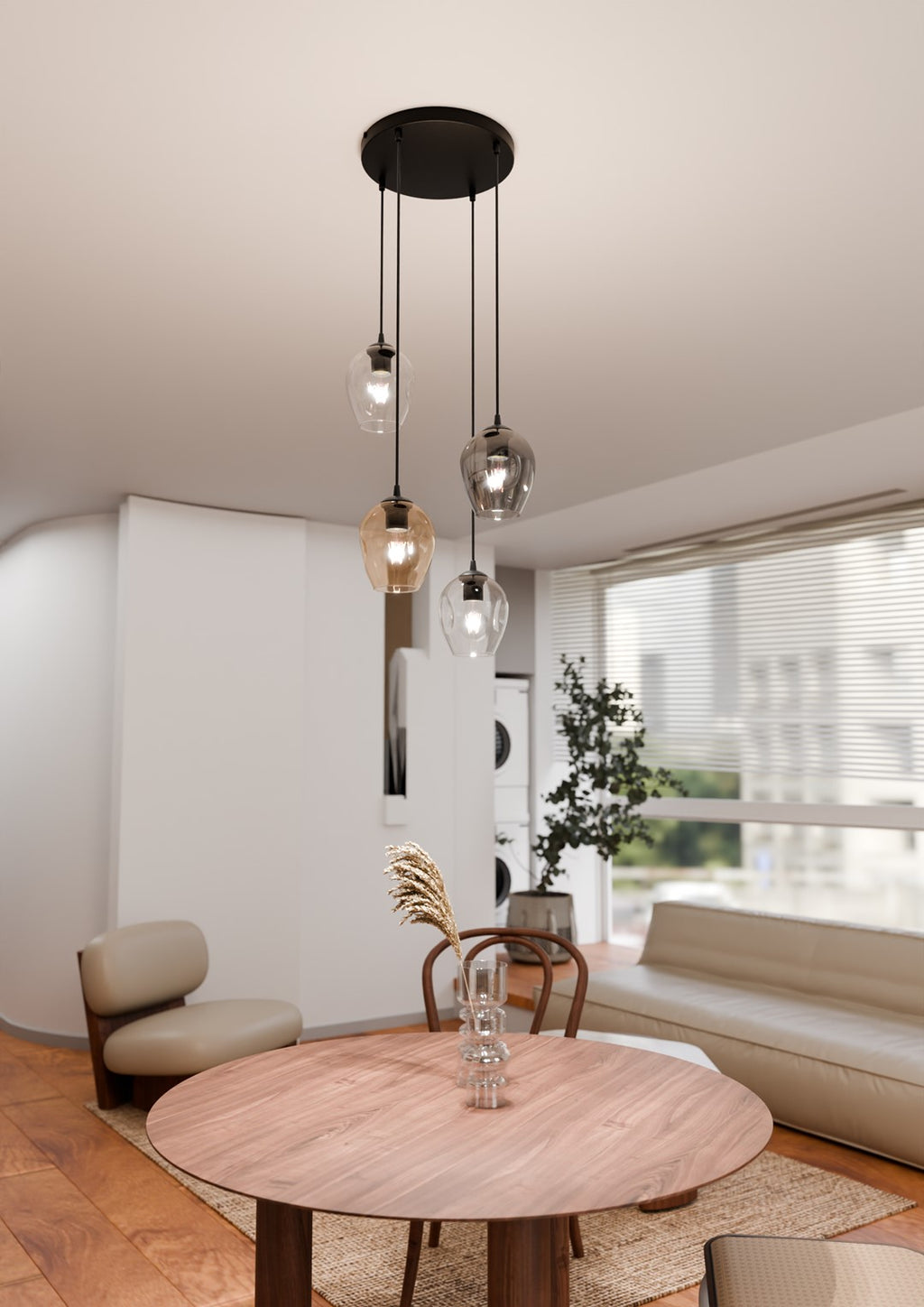Hanglamp 4 lichts glas gepoedercoat staal modern, zwart met transparant, grafiet en amber kappen – Istar