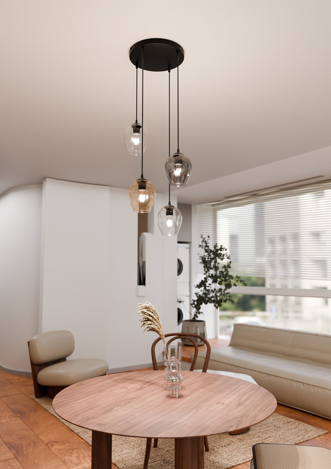 Hanglamp 4 lichts glas gepoedercoat staal modern, zwart met transparant, grafiet en amber kappen – Istar