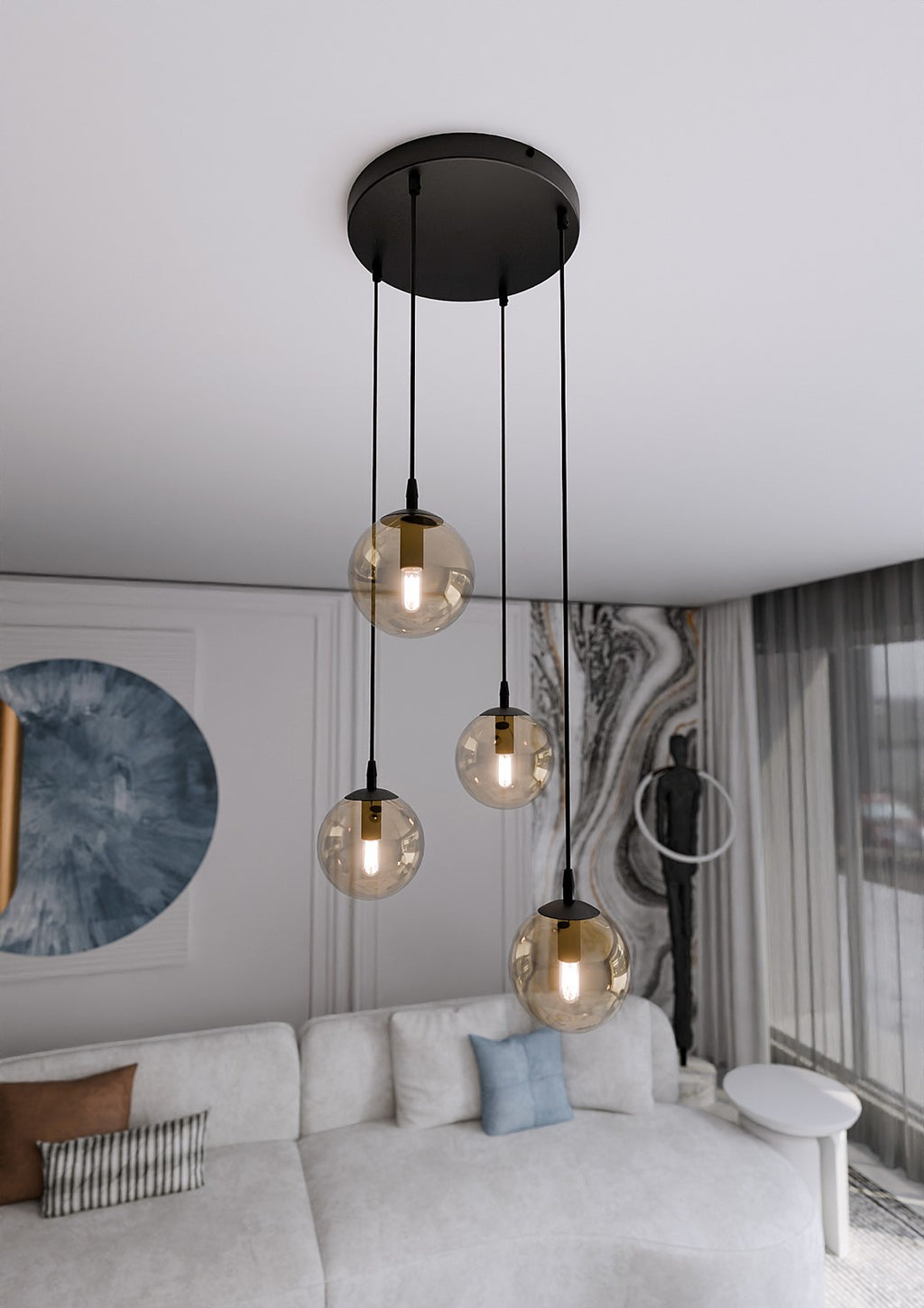 Hanglamp gepoedercoat staal en glas Cosmo, zwart met amberkleurige glazen kappen, 4 lichtpunten, Ø 14 cm kappen