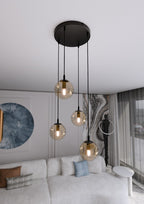 Hanglamp gepoedercoat staal en glas Cosmo, zwart met amberkleurige glazen kappen, 4 lichtpunten, Ø 14 cm kappen