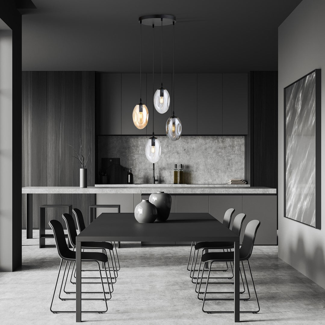 Hanglamp 4-lichts gepoedercoat staal en glas zwart, Astral, kappen grafiet, transparant en amber, E14