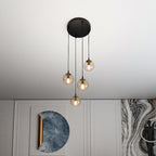 Hanglamp gepoedercoat staal en glas Cosmo, zwart met amberkleurige glazen kappen, 4 lichtpunten, Ø 14 cm kappen