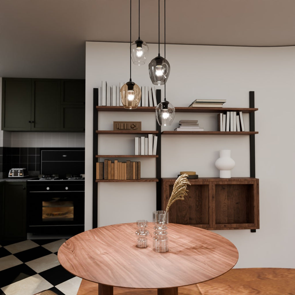 Hanglamp 4 lichts glas gepoedercoat staal modern, zwart met transparant, grafiet en amber kappen – Istar