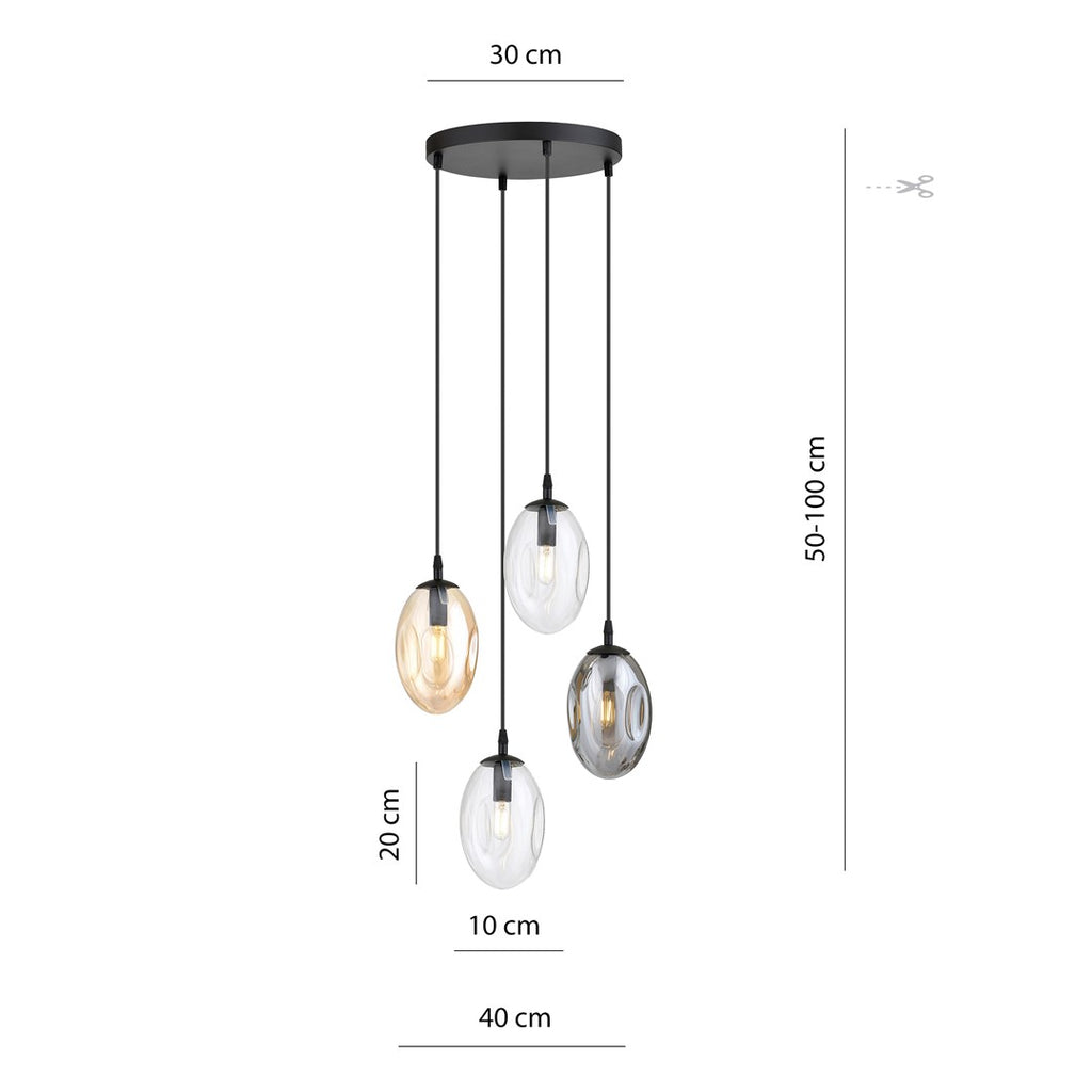 Hanglamp 4-lichts gepoedercoat staal en glas zwart, Astral, kappen grafiet, transparant en amber, E14