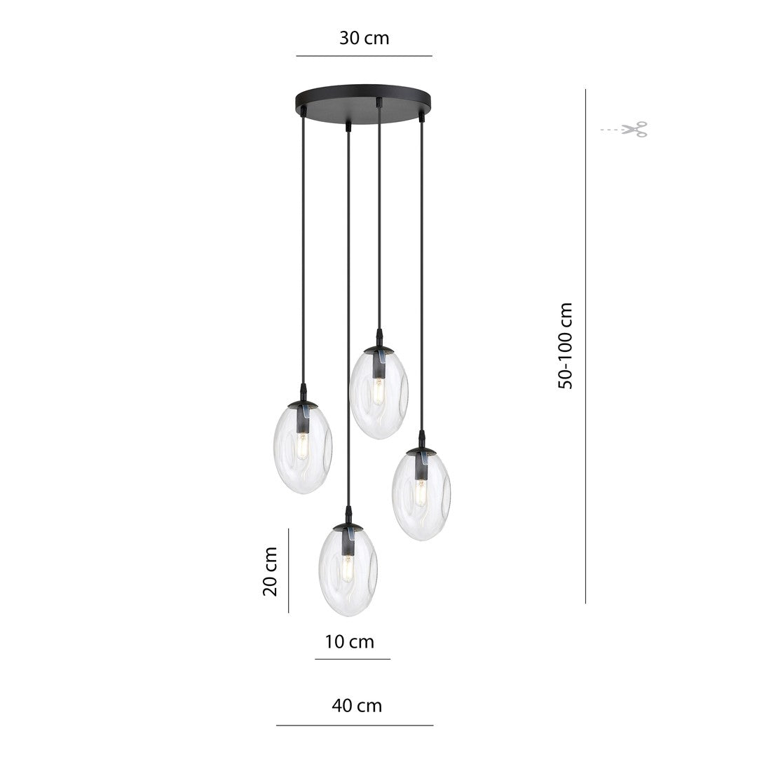 Hanglamp 4 lichts gepoedercoat staal en glas, Astral modern zwart met transparante kappen, verstelbaar, eetkamer en woonkamer
