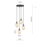 Hanglamp 4-lichts gepoedercoat staal en glas, modern, Astral, zwart met amberkleurig glas, Ø 30 cm