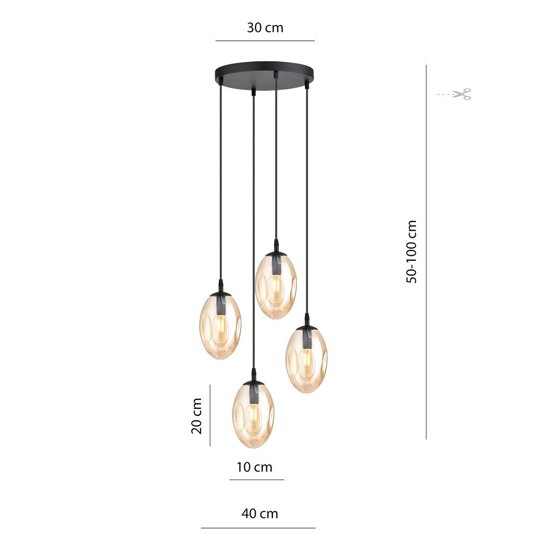 Hanglamp 4-lichts gepoedercoat staal en glas, modern, Astral, zwart met amberkleurig glas, Ø 30 cm