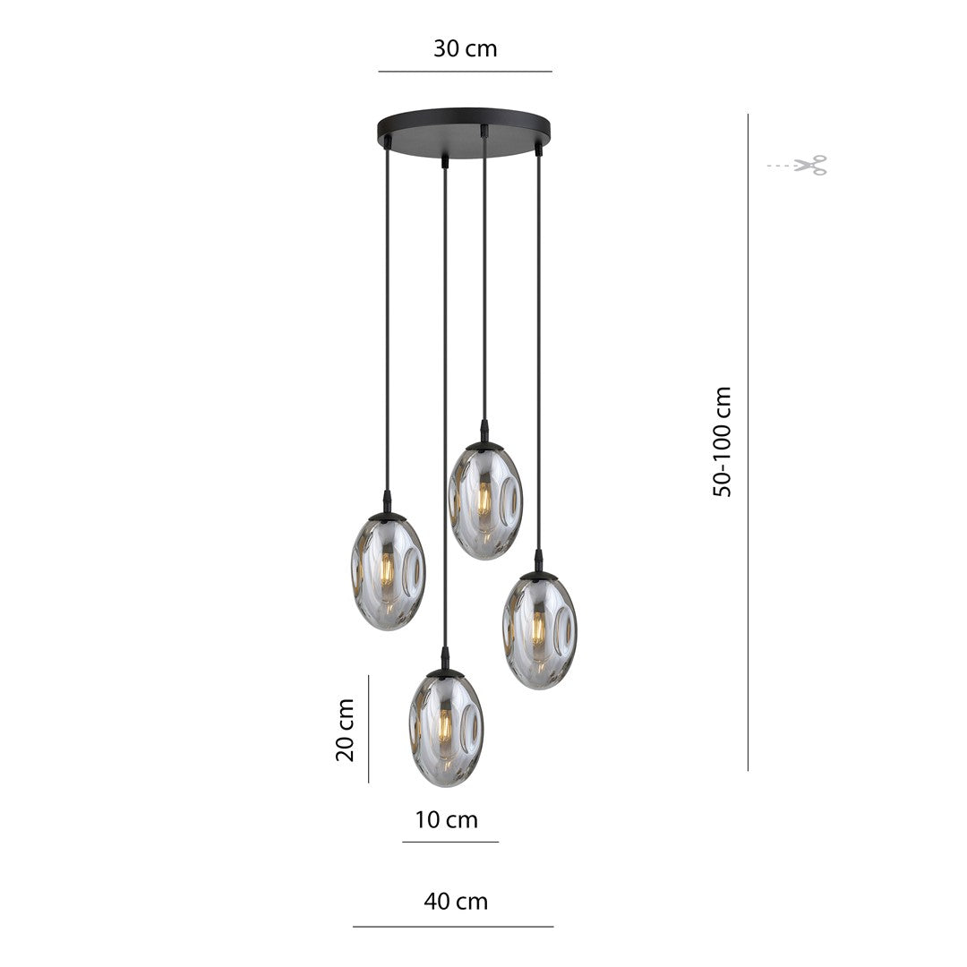 Hanglamp 4 lichts gepoedercoat staal en glas, modern, Astral, zwart met grafiet glas, E14, rond canopy 30 cm
